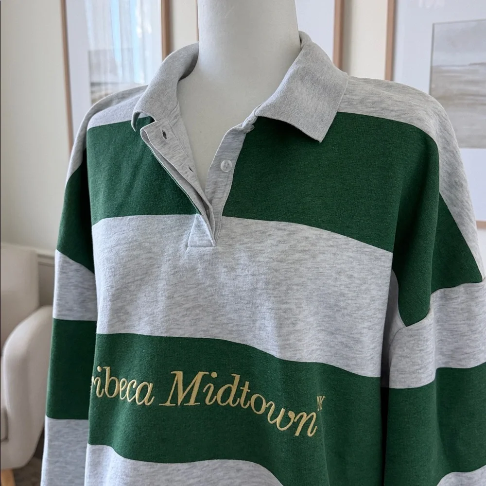 ZARA Tribeca Midtown NY Rugby Polo Sweatshirt Green Gray Striped Oversized - Picture 13 of 15